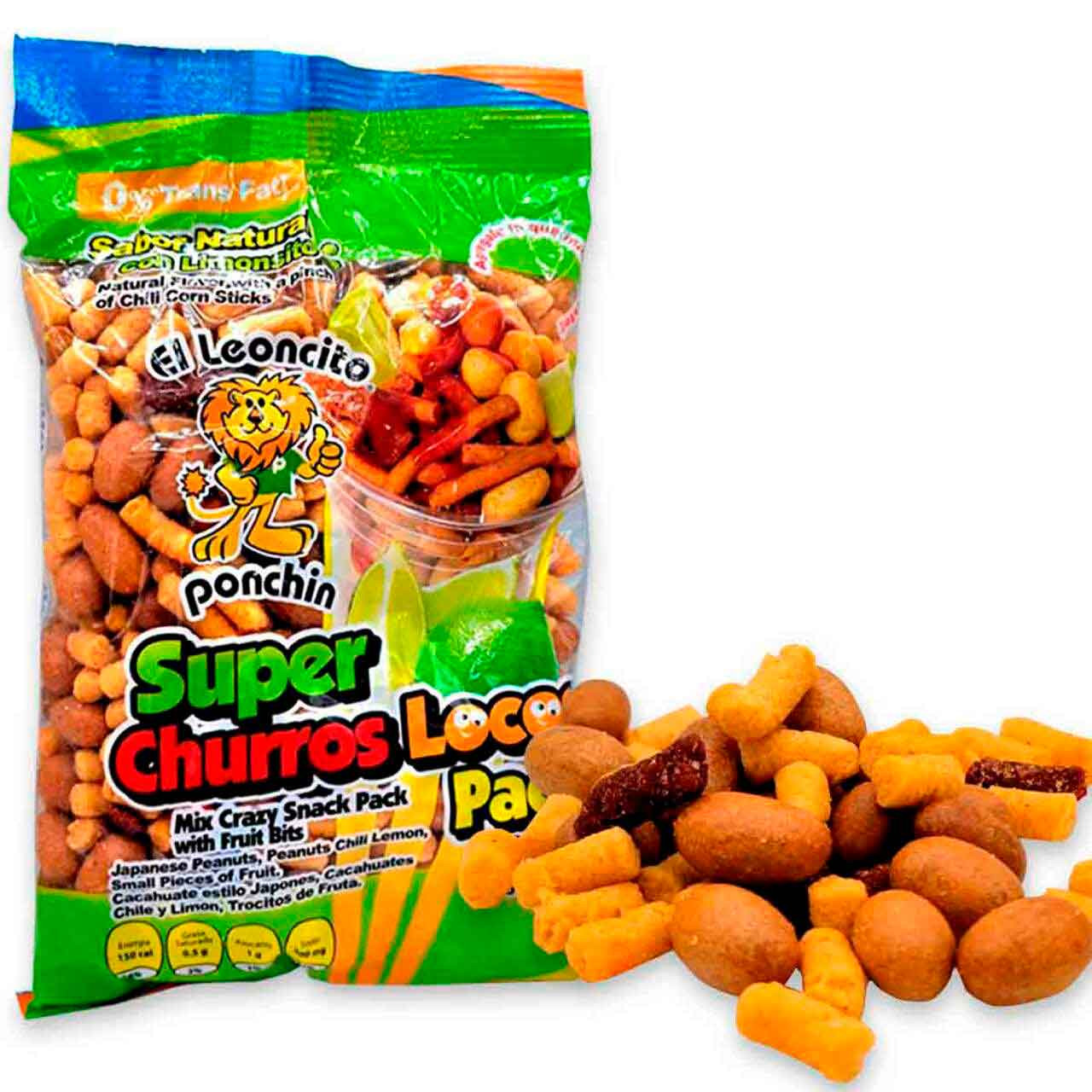 This package is known as the "Super Churros Locos" from the mexican brand "El Leoncito". The package contains a delicious mixture of different snacks such as japanese style peanuts, peanuts with chili and lemon, churros or fritters and small pieces of fruits.