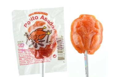Mexican Candy: Lollipops pollito asado. Little Chicken Alvbro lollipops are shaped like little roasted chickens.