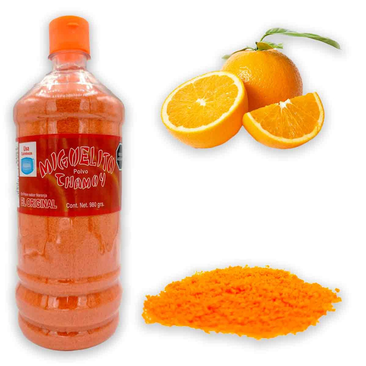 Bottle of 980 grams of delicious sugary and granulated powders from the mexican brand "Miguelito" with the rich flavors of chamoy and oranges combined.