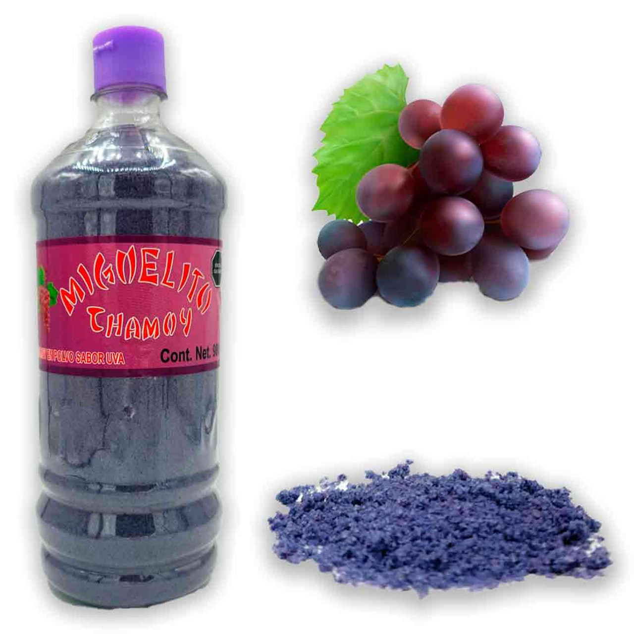 980 grams of delicious sugary and granulated powders with chamoy and grape flavors thet you can sprinkle in any kind of snack, fruit, vegetables or candies.