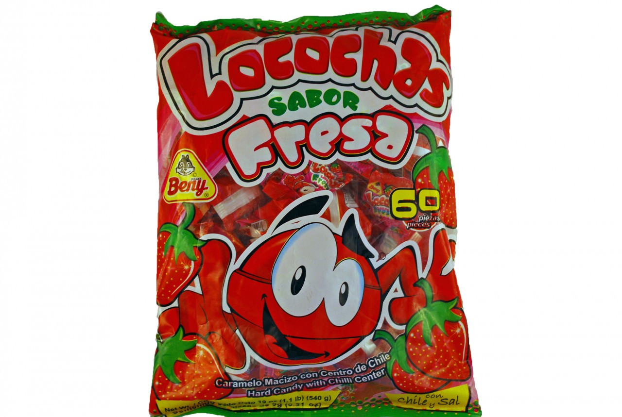 Mexican Candy: Beny Locochas Fresa. Real spicy candies! Locochas Strawberry is a Strawberry flavored hard candy with a perfect chili center.  And that is not all, this presentation comes in a 60-piece pack. The perfect amout for sharing! 