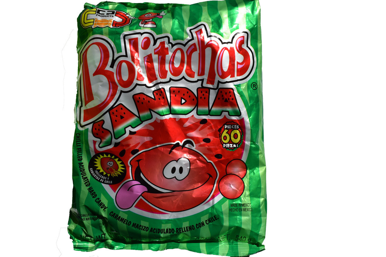 Package with 60 pieces of small hard candy balls flavored with watermelon and spicy chili powder.