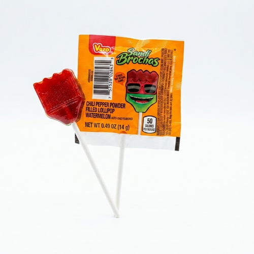 Experience a classic Mexican candy with Vero Sandi Brochas. This 40-piece bag delivers sweet watermelon hard candy lollipops with an intense chili center.