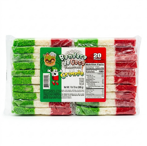 Satisfy your sweet tooth with Safari's Bandera de Coco Grande. This traditional Mexican cocada candy features an authentic coconut flavor crafted in the festive colors of the Mexican flag. Enjoy a 20-piece pack of this classic, chewy treat!