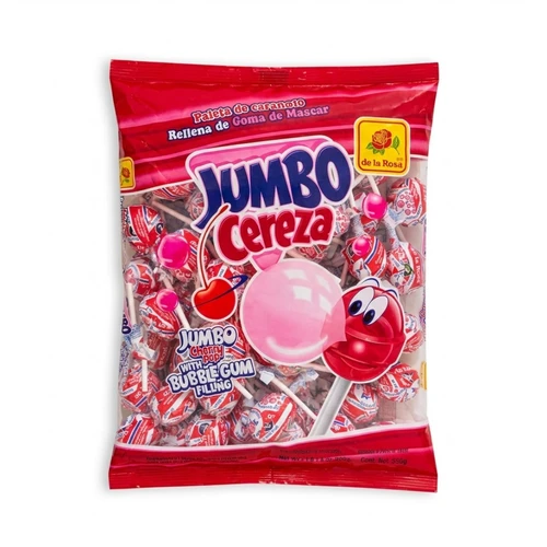 This is a savory lollipop with a delicious cherry flavor and gum in the center. The lollipop comes in the Jumbo presentation and is full of fruited and sweet caramel flavors. The package has 50 pieces wich makes it perfect for sharing.