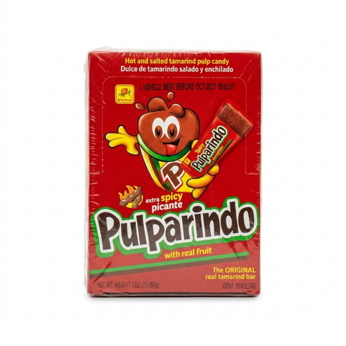 Pulparindo Extra Spicy is a hot and salted tamarind pulp; it’s probably the best-known and surely one of the most delicious Mexican candy. It doesn't look very nice, but its taste makes up for it. It is sweet, hot and sour and it's all at the same time. Pulparindo is covered with chili.