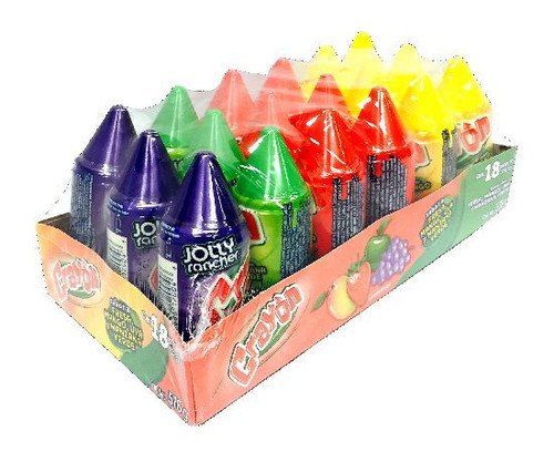 A crayon-shaped packaging, with a removable lid, also with the appearance of a crayon's tip. It will guarantee hours and hours of fun for your children. They will play with their crayons and then just remove the lid and enjoy the delectable flavors of the Mango, Grape, Green Apple, or Strawberry! 