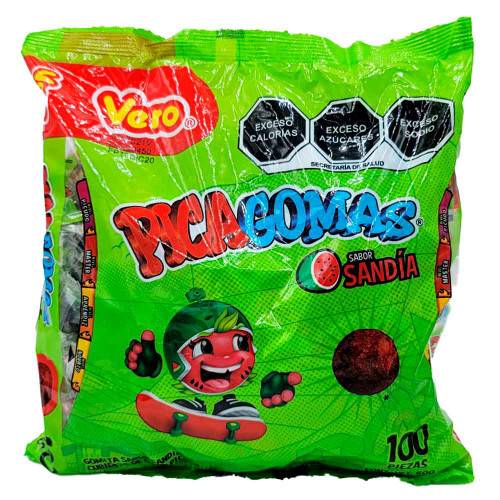 A delightful Mexican confection, Pica Goma, made by Vero is watermelon -flavored chewy spicy gummy covered in chili.