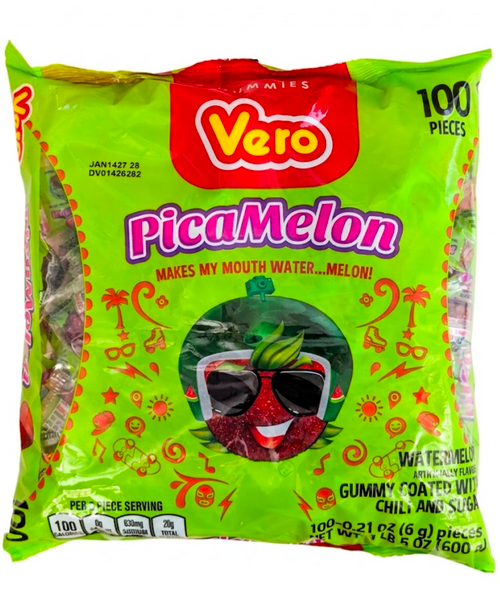 A delightful Mexican confection, Pica Goma, made by Vero is watermelon -flavored chewy spicy gummy covered in chili.