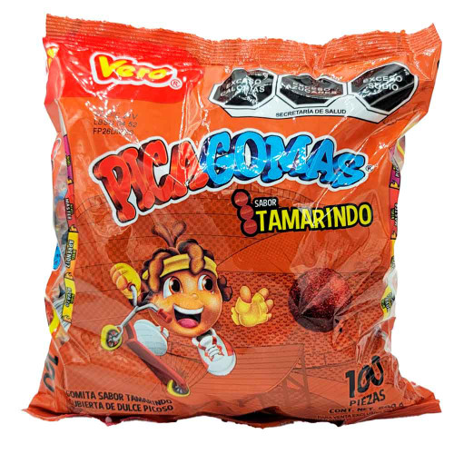 A delightful Mexican confection, Pica Goma, made by Vero is Tamarind -flavored chewy spicy gummy covered in chili.