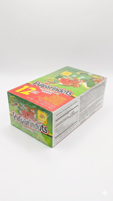 Ball shaped candy with a hard cover outside an a soft center on the inside. Pulparindots is a watermelon flavored candy and with a tamarind spicy pulp filling.