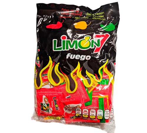 Bag Limon 7 Fuego has 100 pieces of pure flavor thanks to the Jalapeño, Habanero and Chipotle powders combined with salt and lemon. Perfect to put in your fruits and vegetables or any kind of snack.