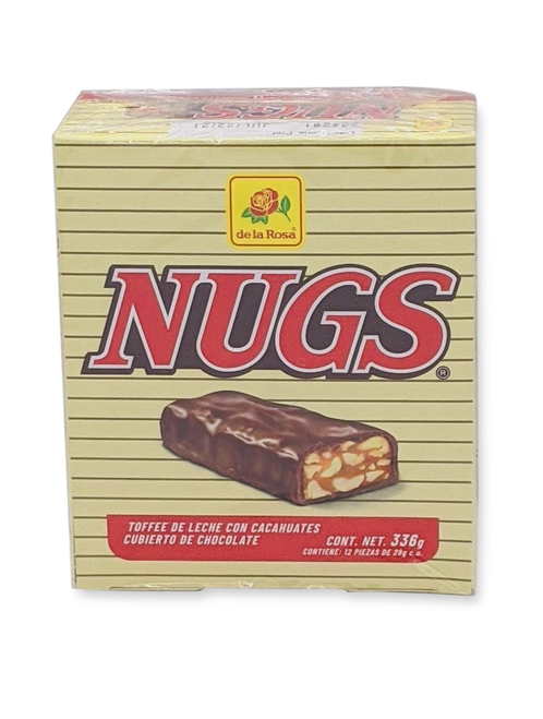 Chocolate bar candy with a peanut and caramel filling and a delicious chocolate cover. Nugs has a sweet taste and a really crunchy texture thanks to the pueanut chunks. The presentation comes with 12 pieces per package.