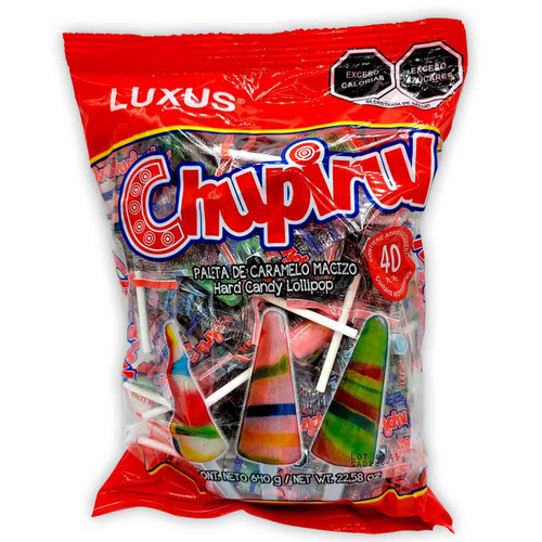 Luxus Chupirul hard candy lollipops with citric and sweet flavors on a package of 40 individually wrapped candies.