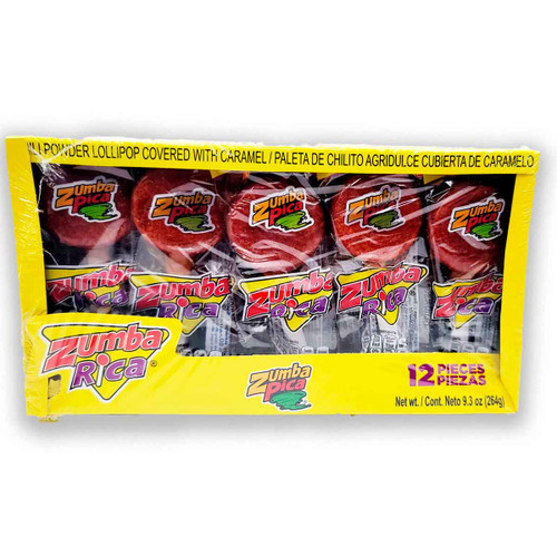 New package of tamarind flavored hard candy lollipops known as "Zumba Rica" from the popular brand "Zumba Pica". This package contains twelve individually wrapped pieces of hard caramel lollipops full of a spicy chili powder center and a thin layer of bittersweet tamarind caramel.