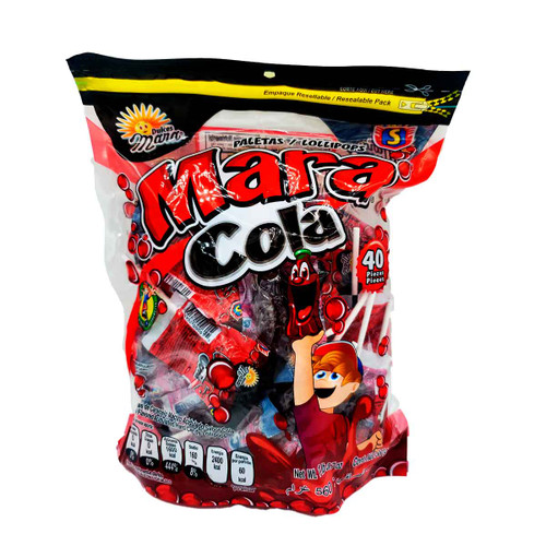 Package with 40 individual hard candy lollipops with the shape and taste of a rich and sweet drink of Coca-Cola.