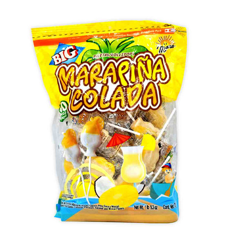 Package with forty delicious and fruity hard candy lollipops known as "Mara Piña". This delicious lollipops have the rich combination of sweet, sour and the tropical flavor of "Piña Colada" in its tasty hard caramel.