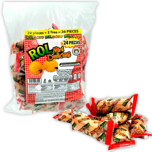 Package with twenty four pieces of mini guava pulp rolls. This are delicious rolls with gooy and soft textures and sweet, fruity and sugary flavors.