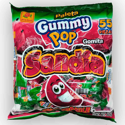 Package with delicious watermelon flavored gummies that are covered with thin layers of spicy chili powder.