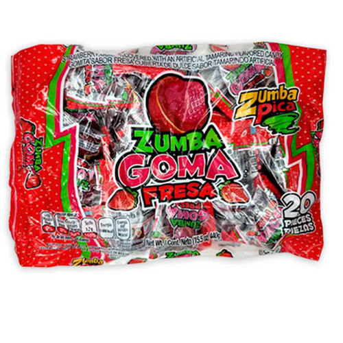 Bag with twenty individually wrapped ball-shaped gummies with the delicious and fruity flavor of strawberries and the spicy touch of chili powder sprinkled on it's surface.