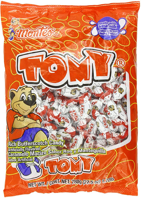 Package with twenty-seven point five ounces of delicious and sticky candies from the Mexican candy brand "Montes", known as "Tomy Caramels".