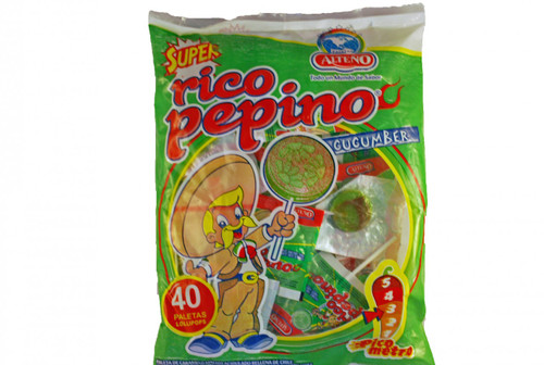 Mexican Candy: Rico Pepino. Acidulated fruit flavor hard candy lollipop filled with chili, in a cucumber slice shape.