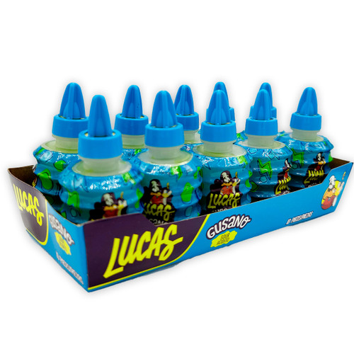 Package with ten individually packed small bottles of sour liquid sauce known as "Gusano" from the well-known brand of candies "Lucas".