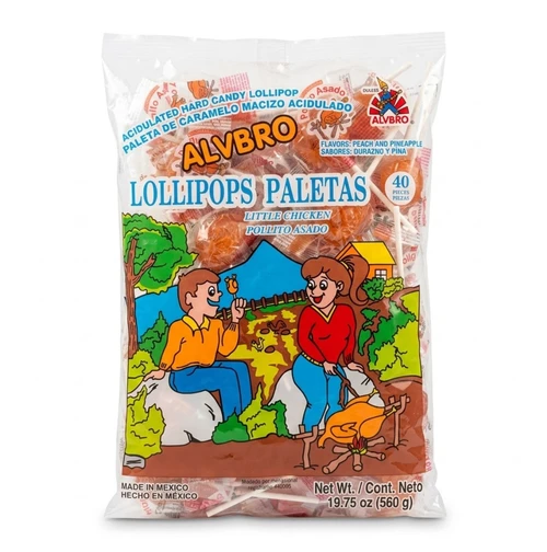 Fruity tasting acidulated hard candy lollipop with chili. Try these spicy peach and pineapple flavored lollipops that are in the shape of roasted chicken.