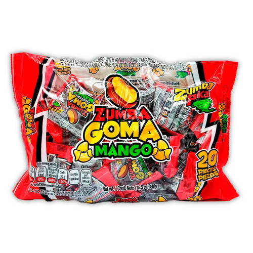 Package with twenty delicious and individually wrapped pices of small mango flavored gummies by the well-known mexican brand of candies "Zumba Pica".