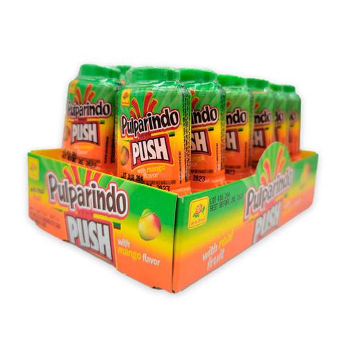 Package with twelve individually wrapped pieces of "De la Rosa" candies known as "Pulparindo PUSH" in it's delicious Mango flavor.
