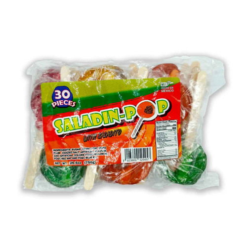 Package with 30 pieces of delicious hard caramel lollipops with a tasty touch of "saladito".