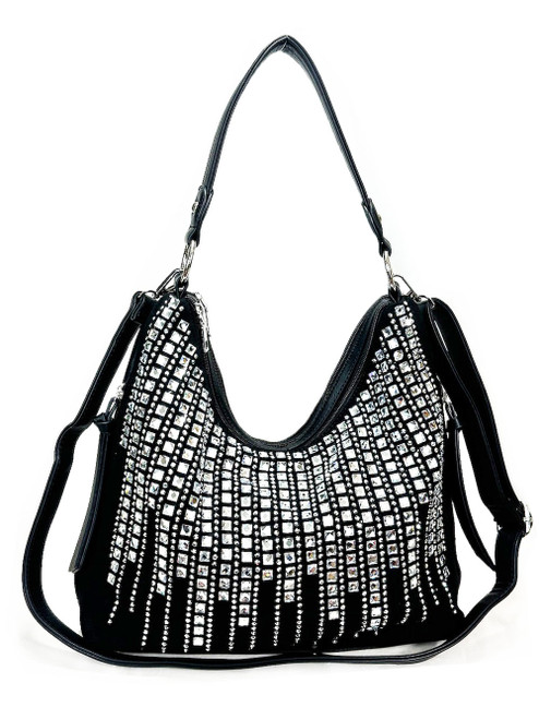 Waterfall Hobo Bag with a waterfall of rhinestones design. Front POV. Color: Black