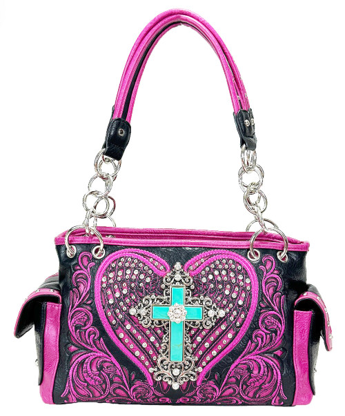 Angel Wing Western Handbag. Front POV. Color: Black/Pink