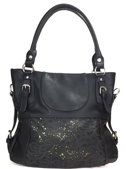 Laser-Cut Tote Bag. Front POV. Color: Black