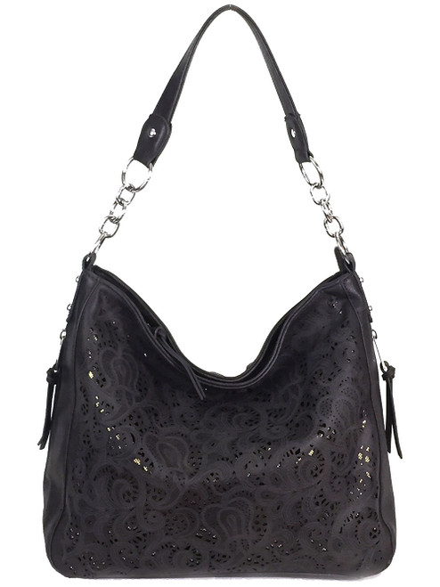 Laser-Cut Concealed Carry Hobo Bag. Front POV. Color: Black