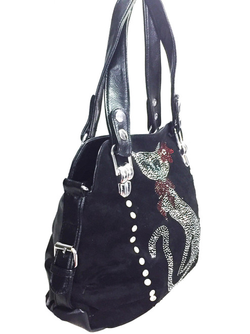 Rhinestone Cat Purse. Side POV. Color: Black