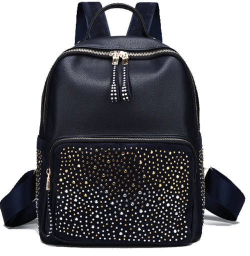 Leather Rhinestone Backpack. Front POV. Color: Black