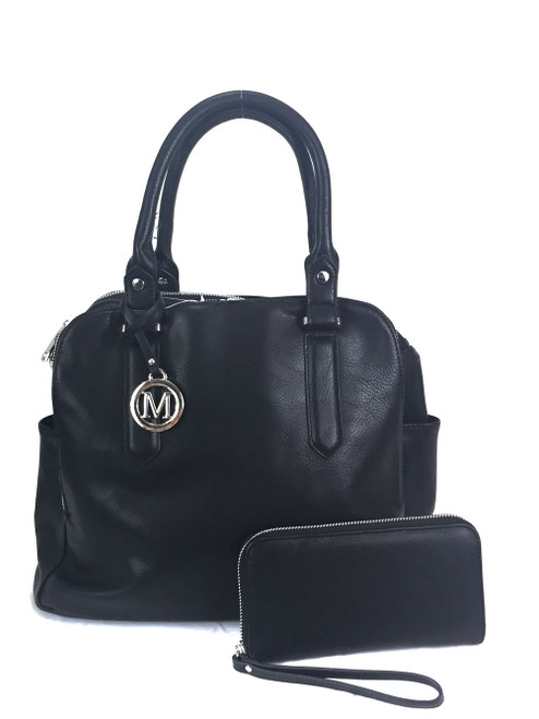 Triple Zipper Purse and Wallet Set. Front POV. Color: Black