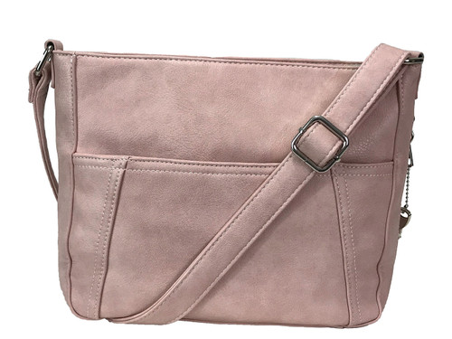 Small Locking Concealed Carry Handbag. Back POV. Color: Light Pink