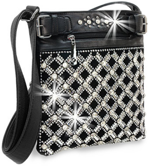 Rhinestone Gem Swing Bag. Front POV. Color: Black
