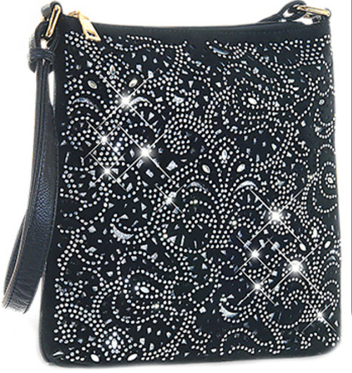 Laser-Cut Rhinestone Crossbody Bag. Front POV. Color: Black