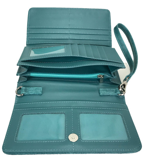 Floral Cross-Embroidered Wallet. Inside POV. Color: Turquoise