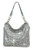Laser-Cut Rhinestone Purse w/ Double Chain Handles. Front POV. Color: Pewter