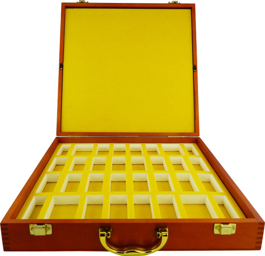 Secure packing foam for protecting chess pieces from damage. It has an additional cover layer that can protect the pieces and the inserted board from touching.