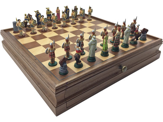 Celtic Legend Connaught vs Ulster Hand Painted Chess Set, with wooden case with drawers and built-in board.