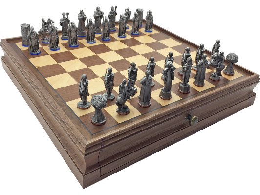 Robin Hood Antique Finish Chess set with case with drawers and built-in Board.