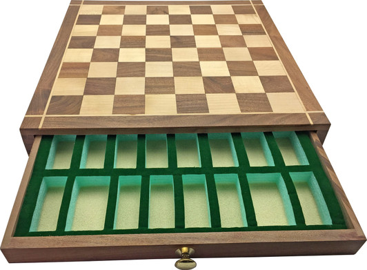 Chess Case with attached board and drawers for pieces. Drawers open.