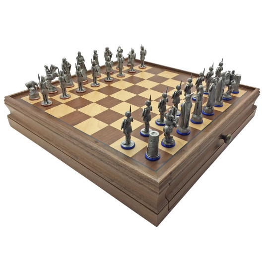 Celtic Legend Connaught vs Ulster Antique finish Chess Set, with wooden case with drawers and built-in board.