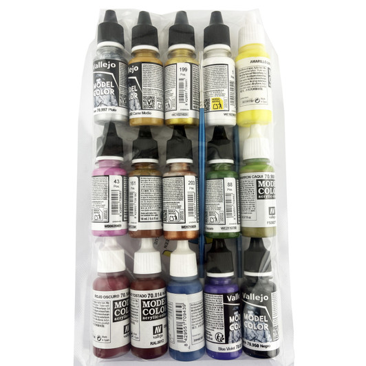 large paint pack of 17ml bottles of acrylic paints and 3 paint brushes