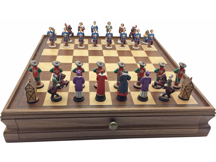 Three Musketeers Hand Painted Chess set with case with drawers and built-in Board.
